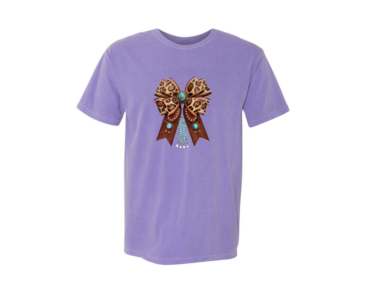 brand:Comfort Colors|color:Violet|Western Leopard Bow Bohemian Coquette Graphic T-Shirt