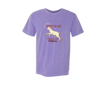 brand:Comfort Colors|color:Violet|Sorry Im Late Funny Goat Farm Graphic T-Shirt