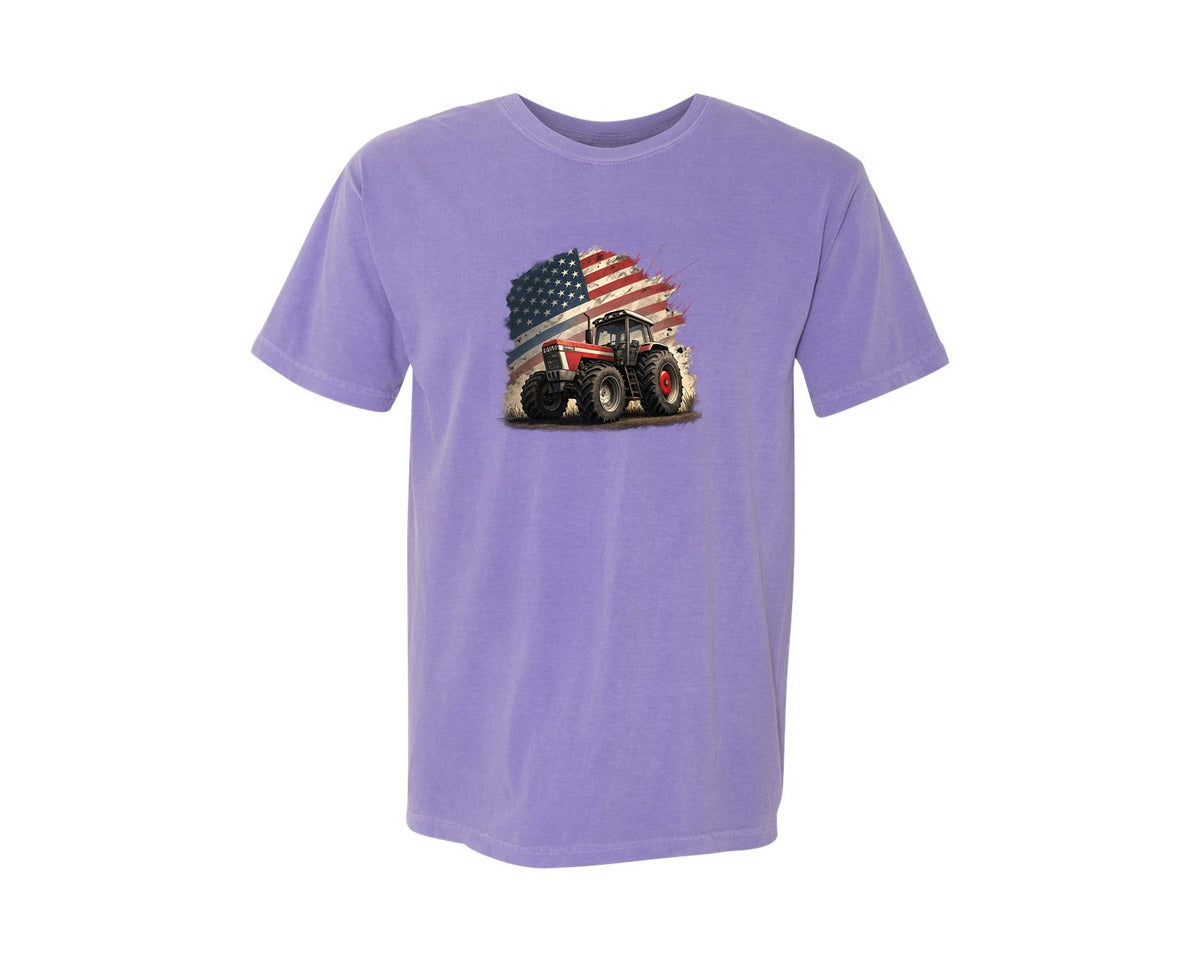 brand:Comfort Colors|color:Violet|Farmer Vintage Usa Flag Tractor Graphic T-Shirt
