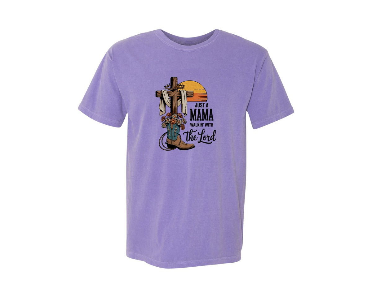 brand:Comfort Colors|color:Violet|Just A Mama Walkin With The Lord Graphic T-Shirt