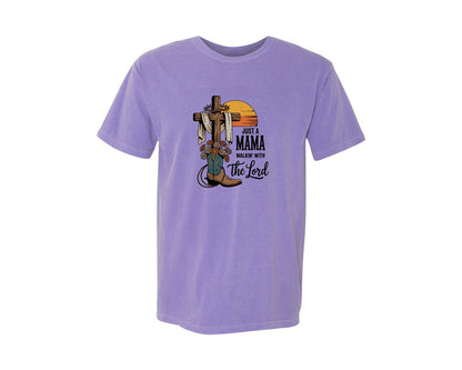 brand:Comfort Colors|color:Violet|Just A Mama Walkin With The Lord Graphic T-Shirt