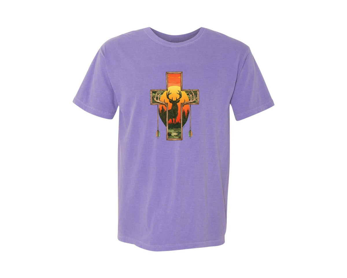 brand:Comfort Colors|color:Violet|Deer Cross Rustic Hunting Cross Sub Graphic T-Shirt
