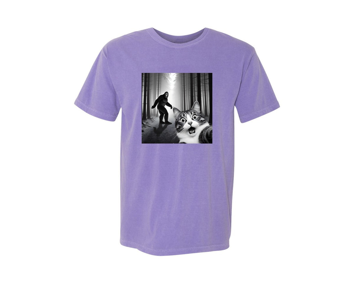 brand:Comfort Colors|color:Violet|Cat Selfie With Sasquatch Graphic T-Shirt