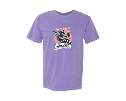 brand:Comfort Colors|color:Violet|You Had Me At Day Drinking Raccoon Shirt Graphic T-Shirt