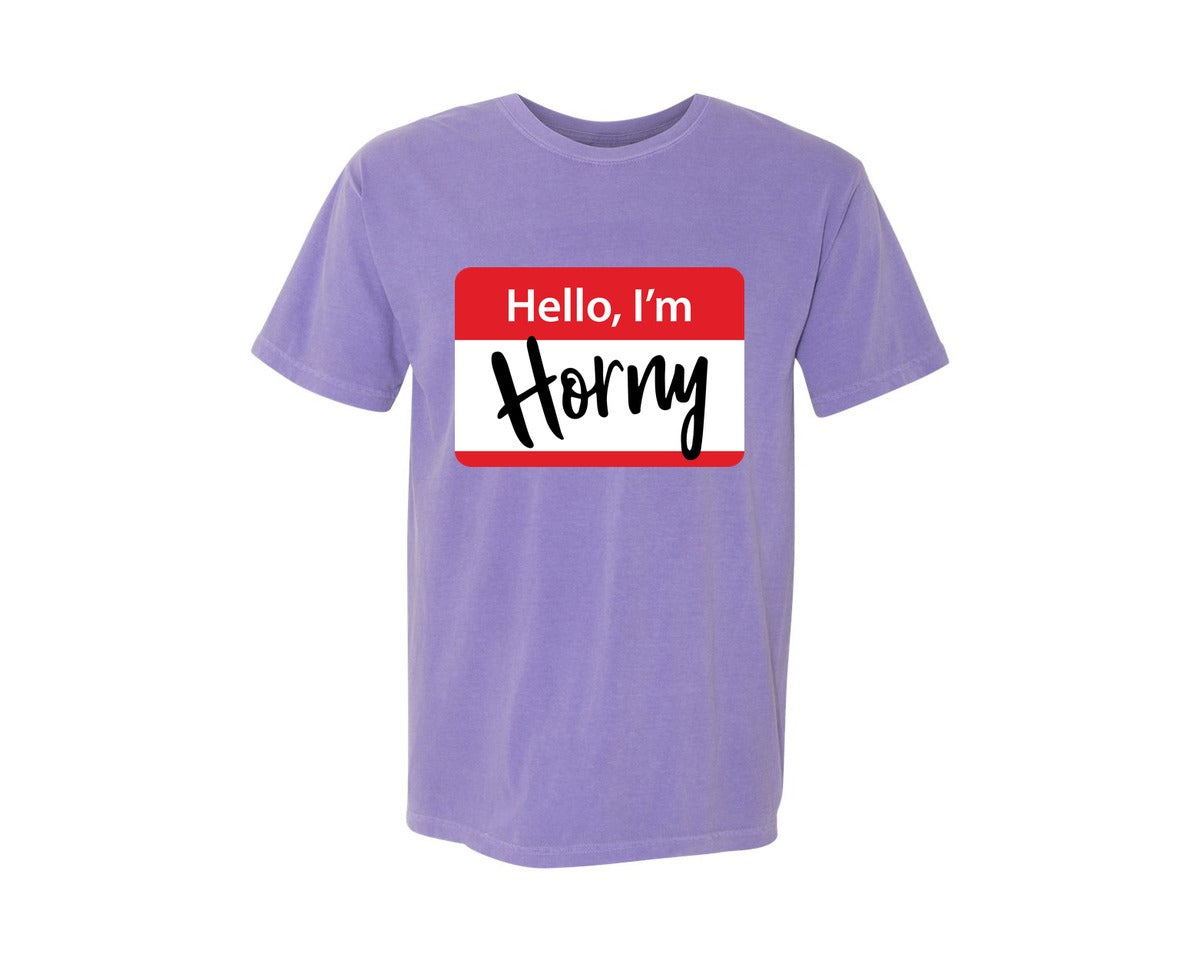 brand:Comfort Colors|color:Violet|Hello I Am Horny Funny T Shirt Design Graphic T-Shirt