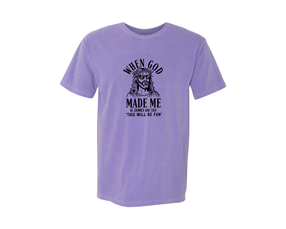 brand:Comfort Colors|color:Violet|God Humor Christian Faith Graphic T-Shirt