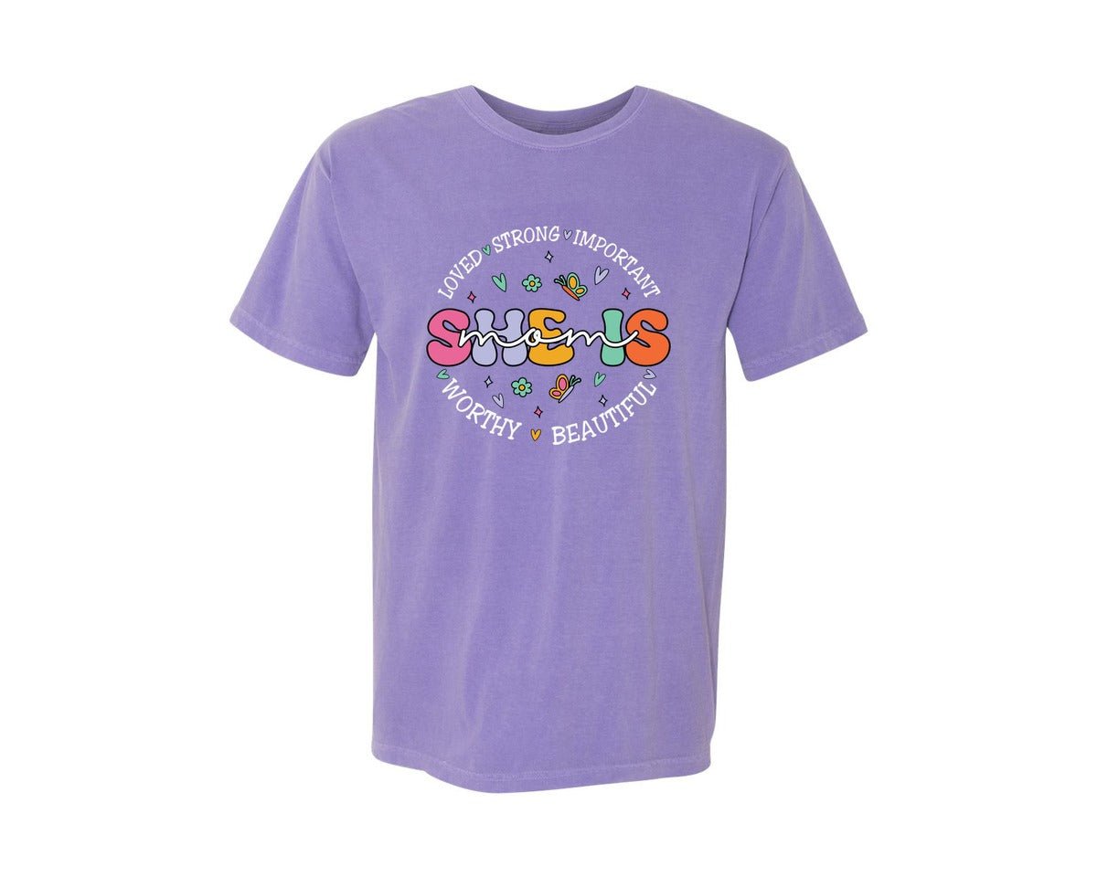 brand:Comfort Colors|color:Violet|She Is Mom Happy Mama Mothers Day Graphic T-Shirt
