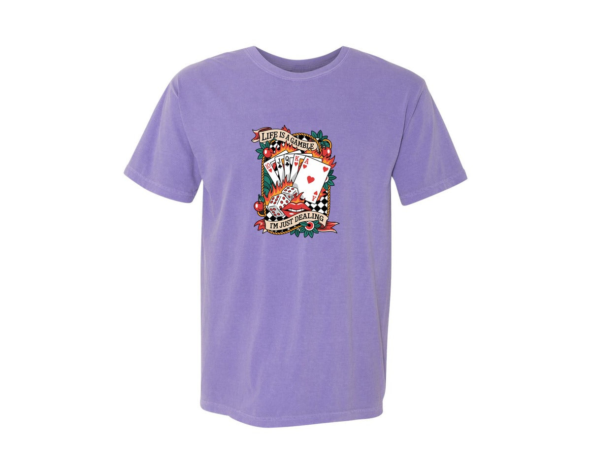 brand:Comfort Colors|color:Violet|Life Is A Gamble Tattoo Design 3 Graphic T-Shirt