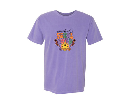 brand:Comfort Colors|color:Violet|Somebodys Feral Child Funny Summer Graphic T-Shirt