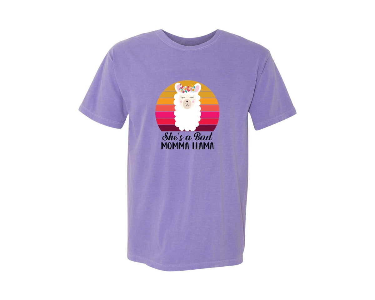brand:Comfort Colors|color:Violet|Shes A Bad Momma Llama Retro T Shirt Graphic T-Shirt