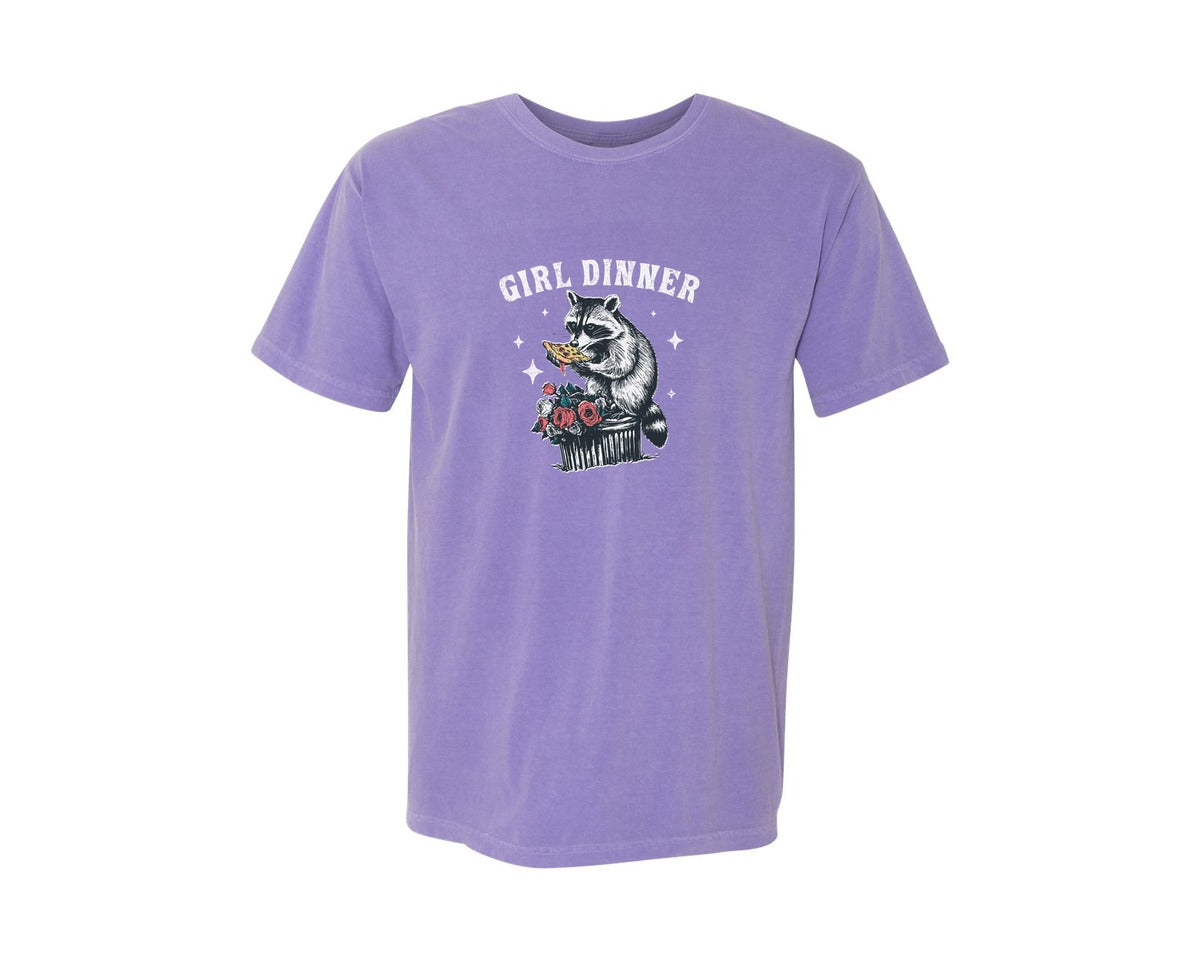 brand:Comfort Colors|color:Violet|Girl Dinner Raccoon Eat Pizza Shirt Graphic T-Shirt