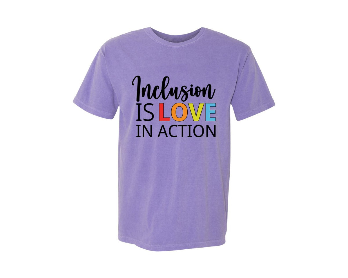brand:Comfort Colors|color:Violet|Inclusion Is Love In Action T Shirt Graphic T-Shirt