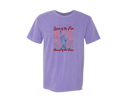 brand:Comfort Colors|color:Violet|Retro 4Th July Statue Of Liberty Land Graphic T-Shirt