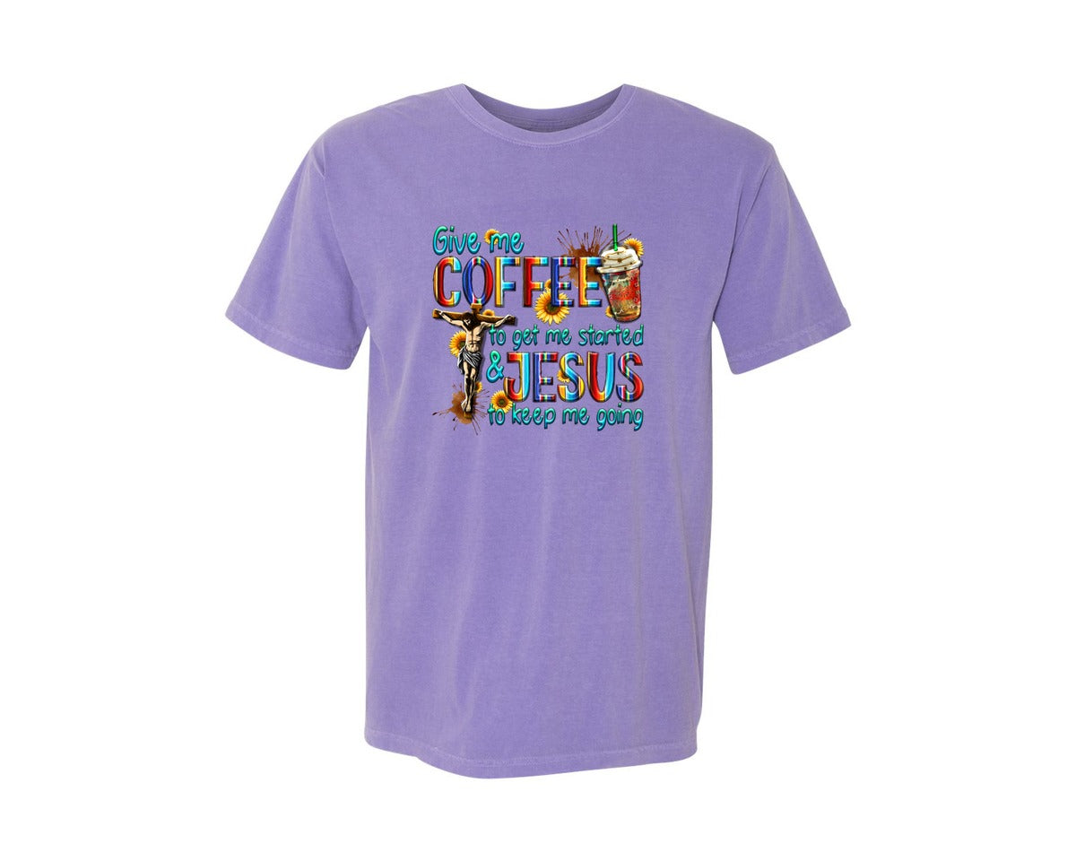 brand:Comfort Colors|color:Violet|Coffee And Jesus Christian Graphic T-Shirt
