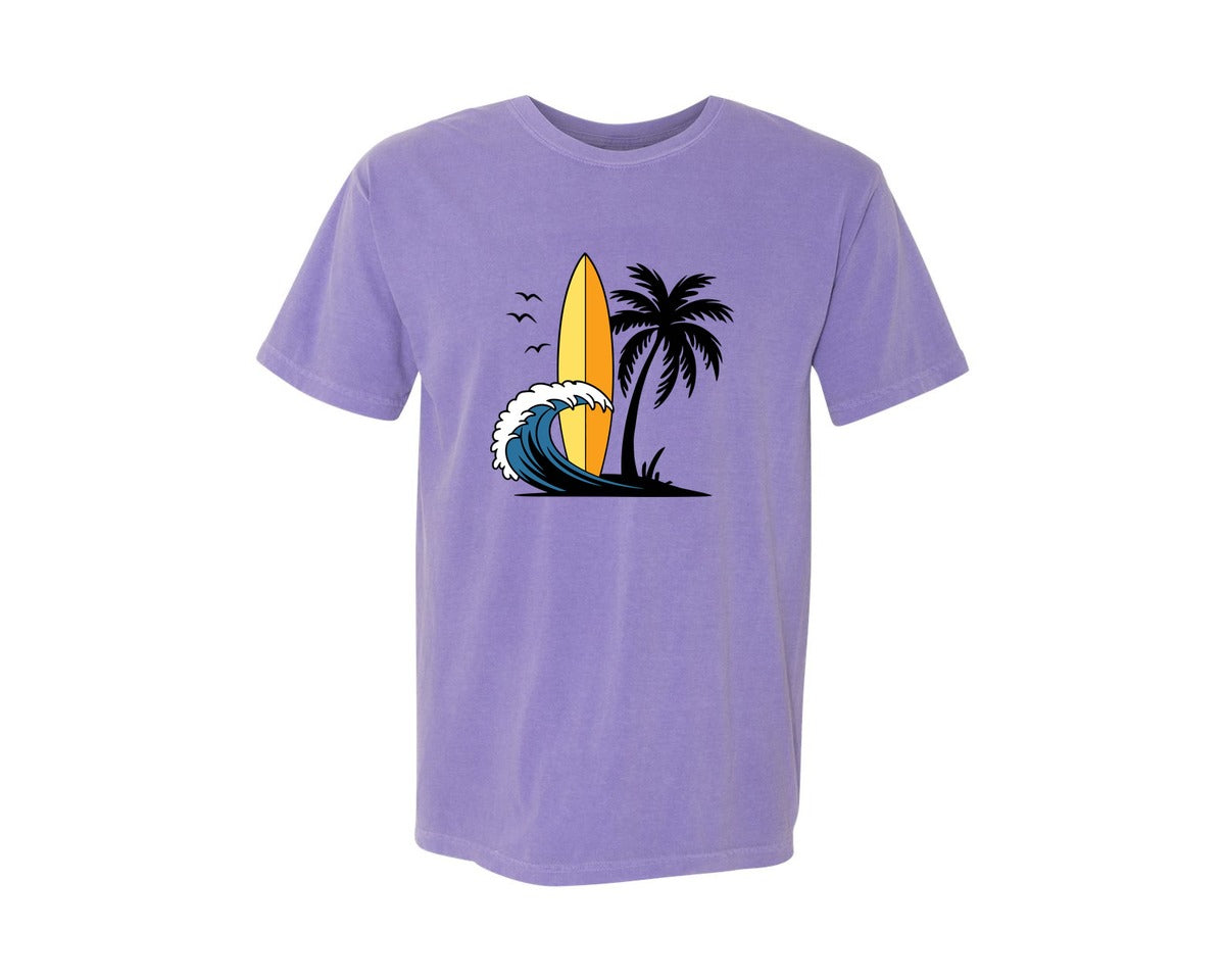 brand:Comfort Colors|color:Violet|Surfboard With Ocean Wave And Palm Tree Graphic T-Shirt