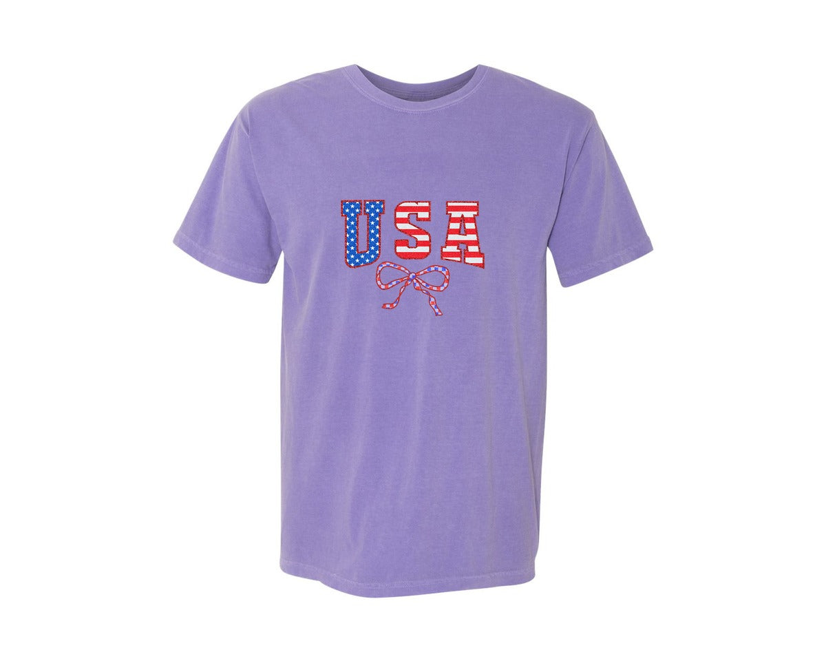 brand:Comfort Colors|color:Violet|Preppy Usa Coquette 4Th Of July Graphic T-Shirt
