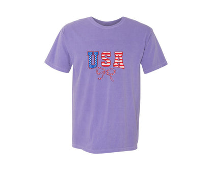 brand:Comfort Colors|color:Violet|Preppy Usa Coquette 4Th Of July Graphic T-Shirt