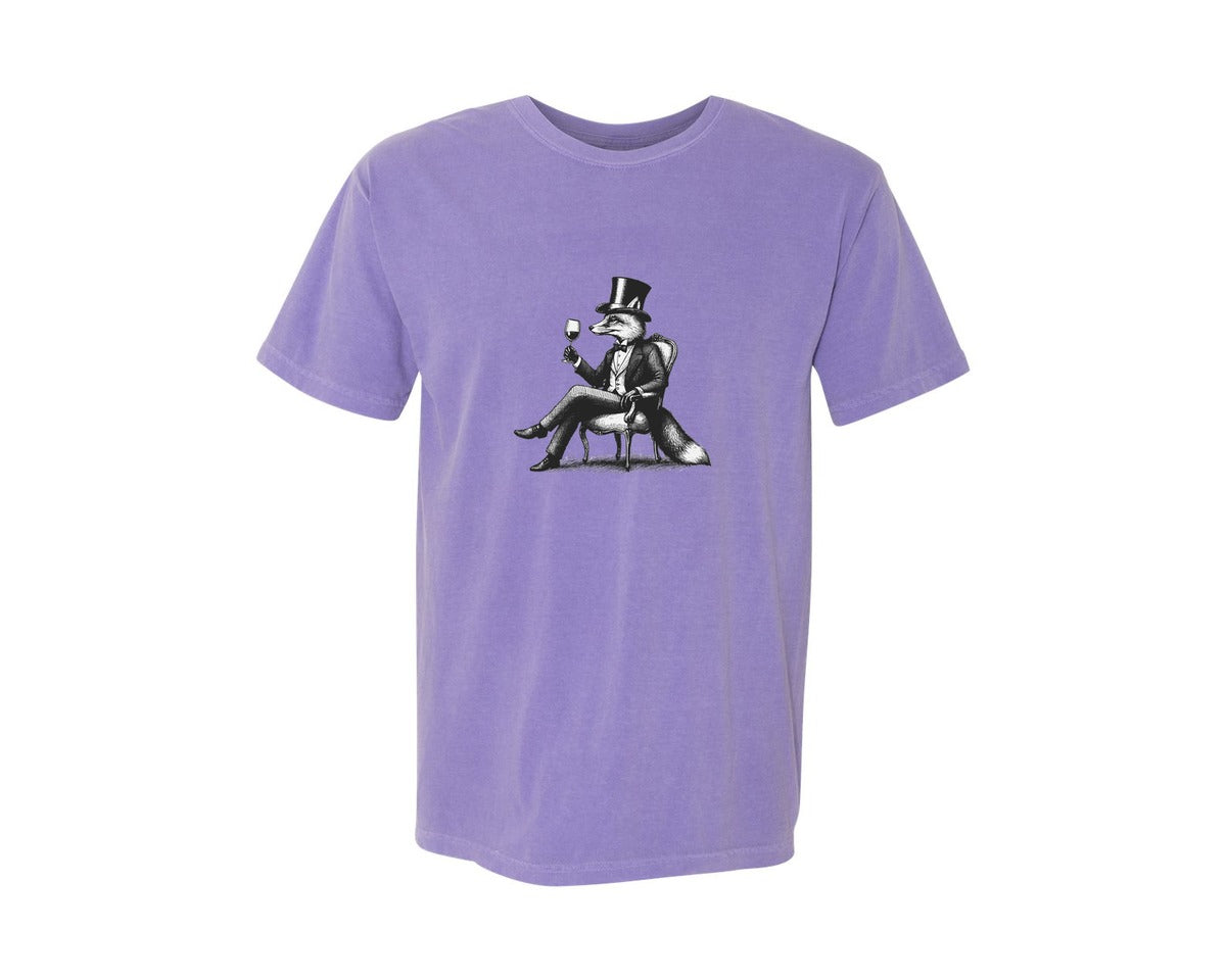 brand:Comfort Colors|color:Violet|Fox Drink Wine Retro Vintage Shirt Graphic T-Shirt
