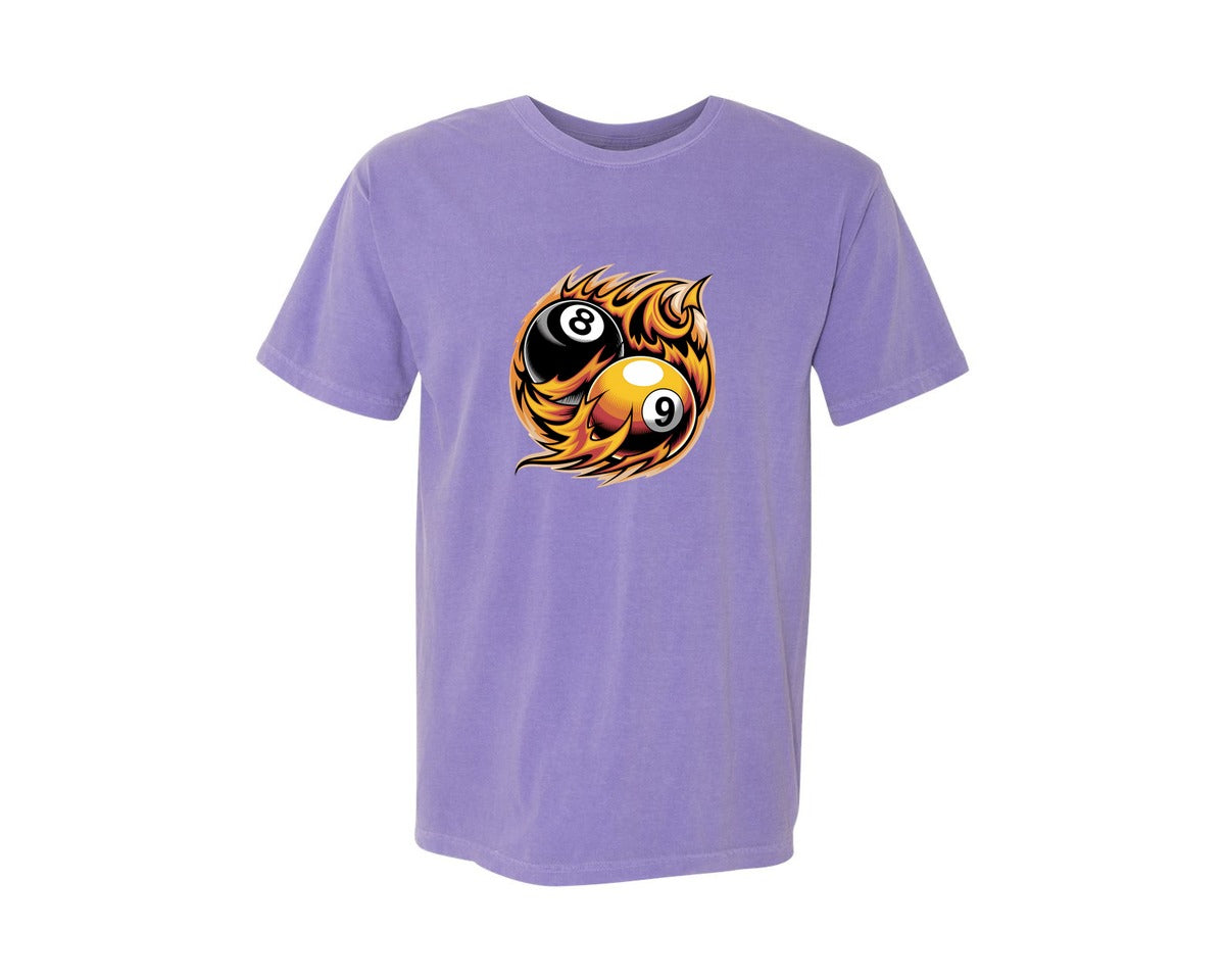 brand:Comfort Colors|color:Violet|Flaming 8 9 Ball Billiards Graphic T-Shirt