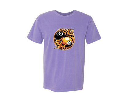 brand:Comfort Colors|color:Violet|Flaming 8 9 Ball Billiards Graphic T-Shirt
