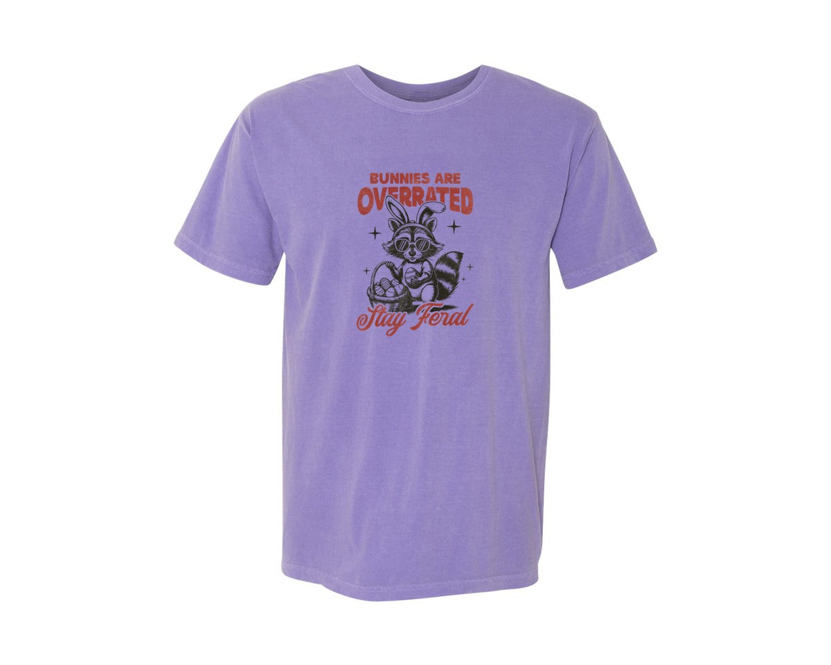 brand:Comfort Colors|color:Violet|Funny Easter Raccoon Stay Feral Graphic T-Shirt