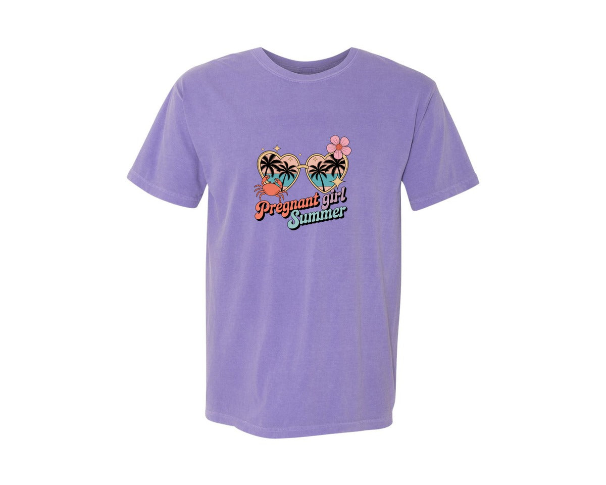 brand:Comfort Colors|color:Violet|Pregnant Girl Summer Pregnancy Graphic T-Shirt