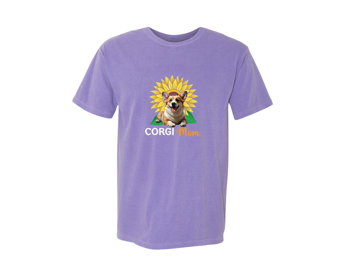 brand:Comfort Colors|color:Violet|Corgi Mom Sunflower Graphic T-Shirt