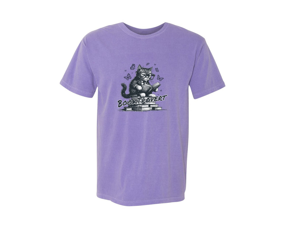 brand:Comfort Colors|color:Violet|Book Trovert Reading Cat Shirt Graphic T-Shirt