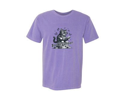 brand:Comfort Colors|color:Violet|Book Trovert Reading Cat Shirt Graphic T-Shirt