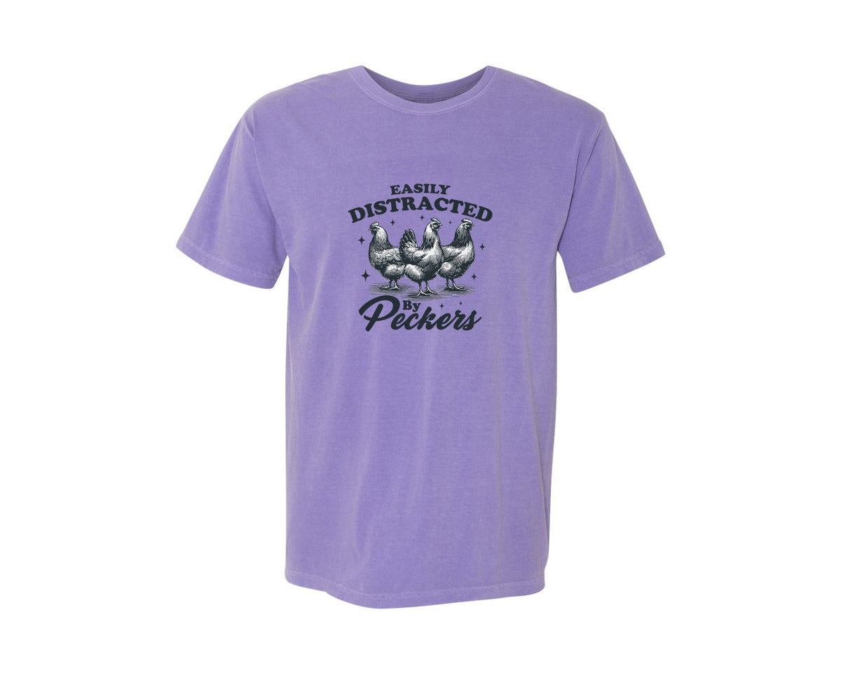 brand:Comfort Colors|color:Violet|Funny Easily Distracted By Peckers Shirt Graphic T-Shirt