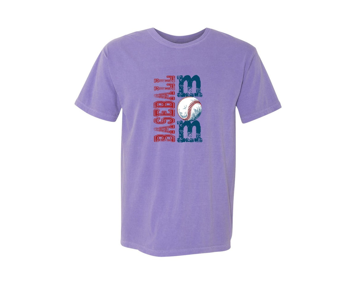 brand:Comfort Colors|color:Violet|Baseball Mom Varsity Coquette Baseball Graphic T-Shirt