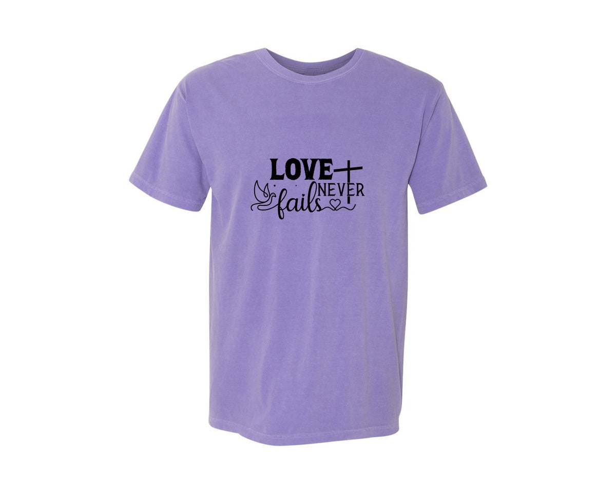 brand:Comfort Colors|color:Violet|Love Never Fails Sleeve Svgbible Quotes Graphic T-Shirt