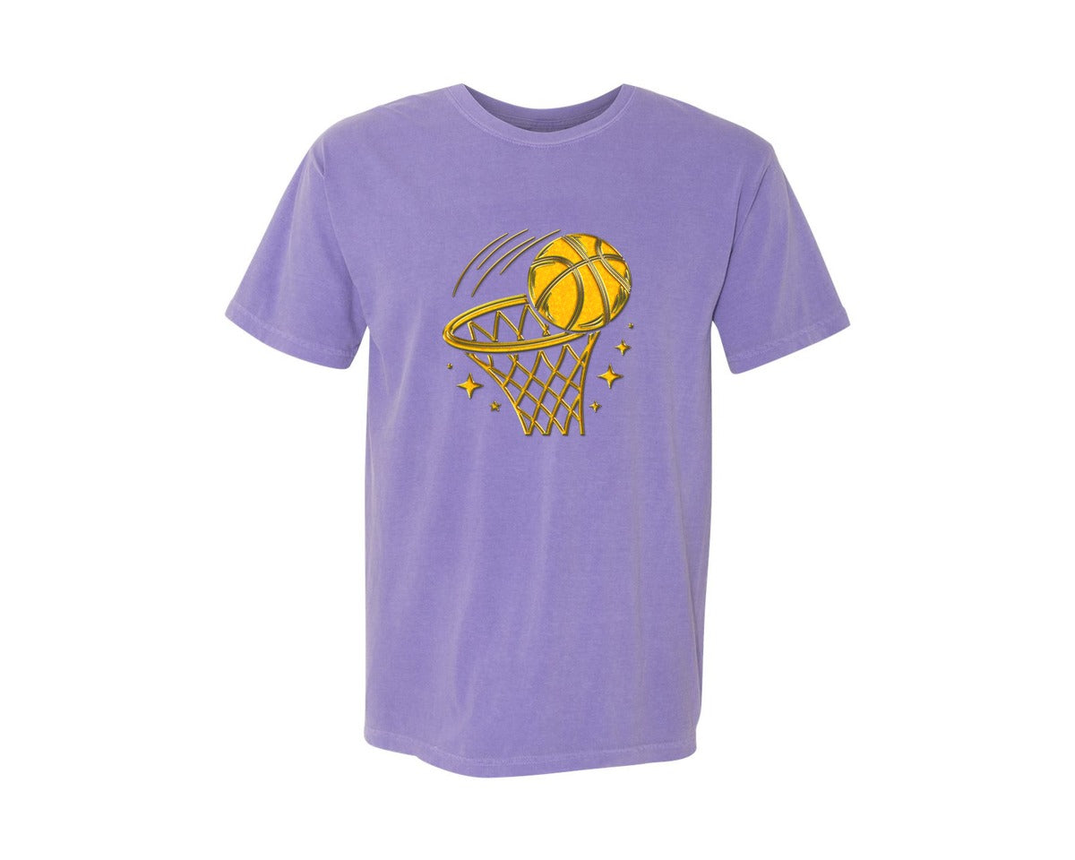 brand:Comfort Colors|color:Violet|Golden Basketball Basketball Hoop Graphic T-Shirt