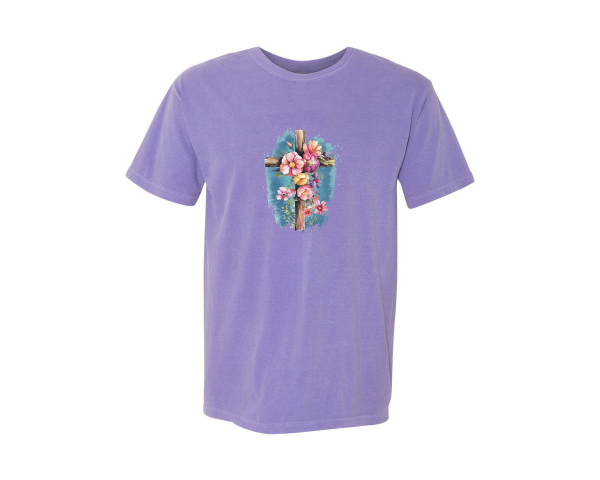 brand:Comfort Colors|color:Violet|Floral Christian Cross Graphic T-Shirt