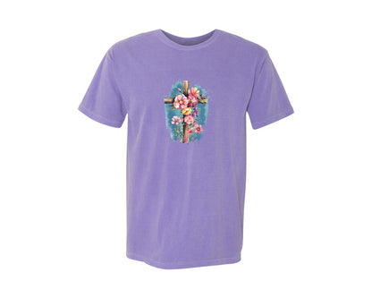 brand:Comfort Colors|color:Violet|Floral Christian Cross Graphic T-Shirt
