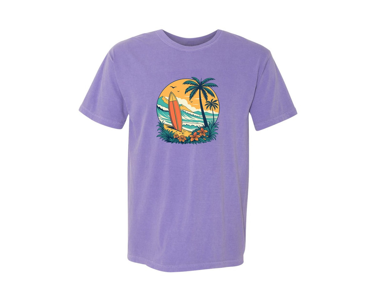 brand:Comfort Colors|color:Violet|Sea Wave Surfboard Summer Surfing Graphic T-Shirt