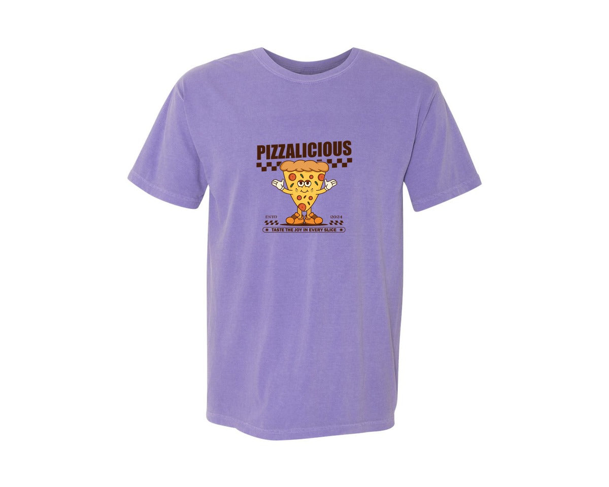 brand:Comfort Colors|color:Violet|Vintage Slice Pizza Cartoon Character Graphic T-Shirt