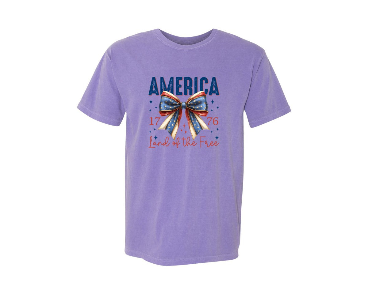 brand:Comfort Colors|color:Violet|America Bow Land Of The Free Graphic T-Shirt