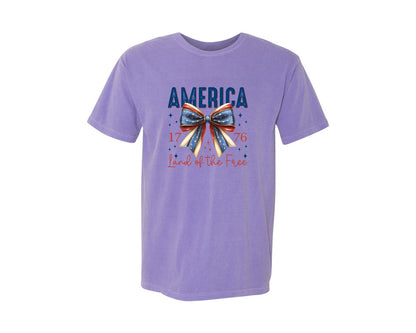 brand:Comfort Colors|color:Violet|America Bow Land Of The Free Graphic T-Shirt