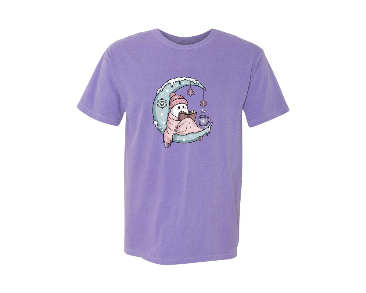 brand:Comfort Colors|color:Violet|Icy Moon Cozy Ghost Reading Graphic T-Shirt