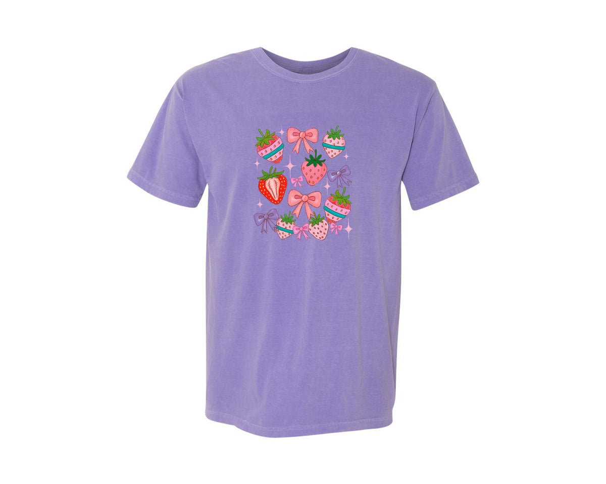 brand:Comfort Colors|color:Violet|Boho Strawberry Coquette Bow Shirt Graphic T-Shirt