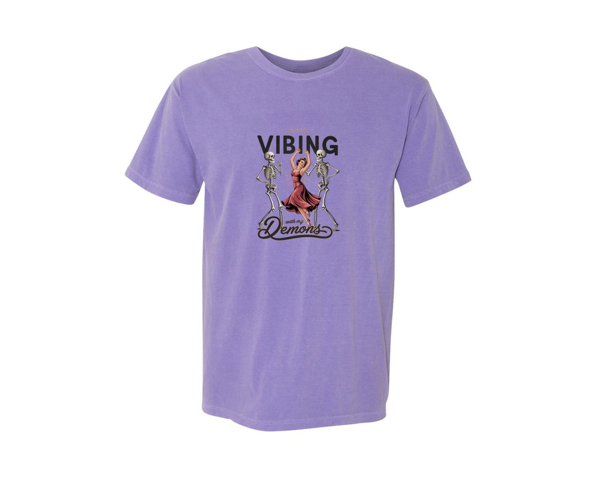 brand:Comfort Colors|color:Violet|Vibing With My Demons Retro Gothic 2 Graphic T-Shirt
