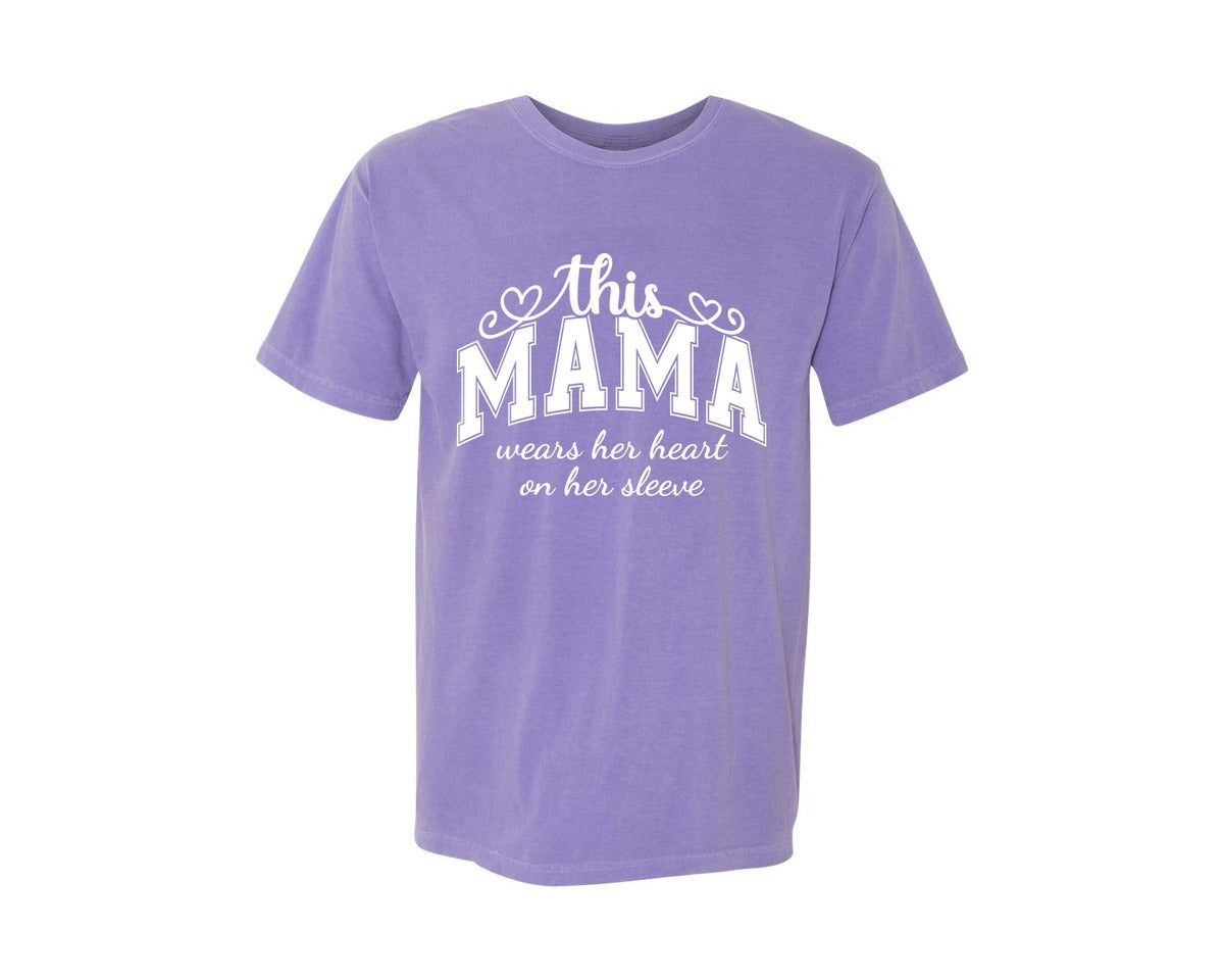 brand:Comfort Colors|color:Violet|This Mama Wears Her Heart On Her Sleeve 74 Graphic T-Shirt