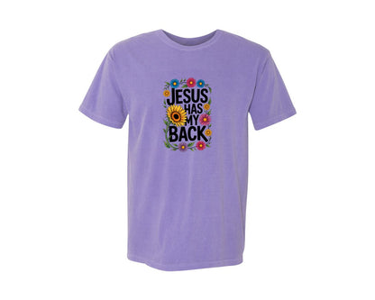 brand:Comfort Colors|color:Violet|Jesus Has My Back With Sunflowers Graphic T-Shirt