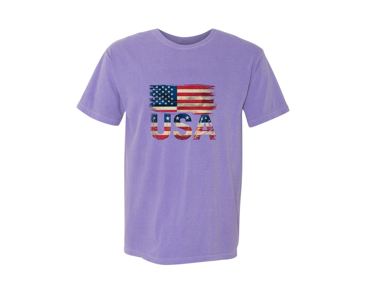 brand:Comfort Colors|color:Violet|Distressed Vintage Usa Flag 4Th Of July Graphic T-Shirt