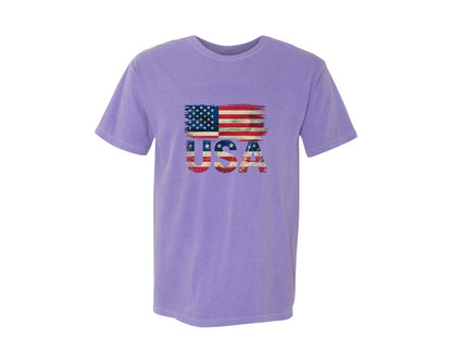 brand:Comfort Colors|color:Violet|Distressed Vintage Usa Flag 4Th Of July Graphic T-Shirt