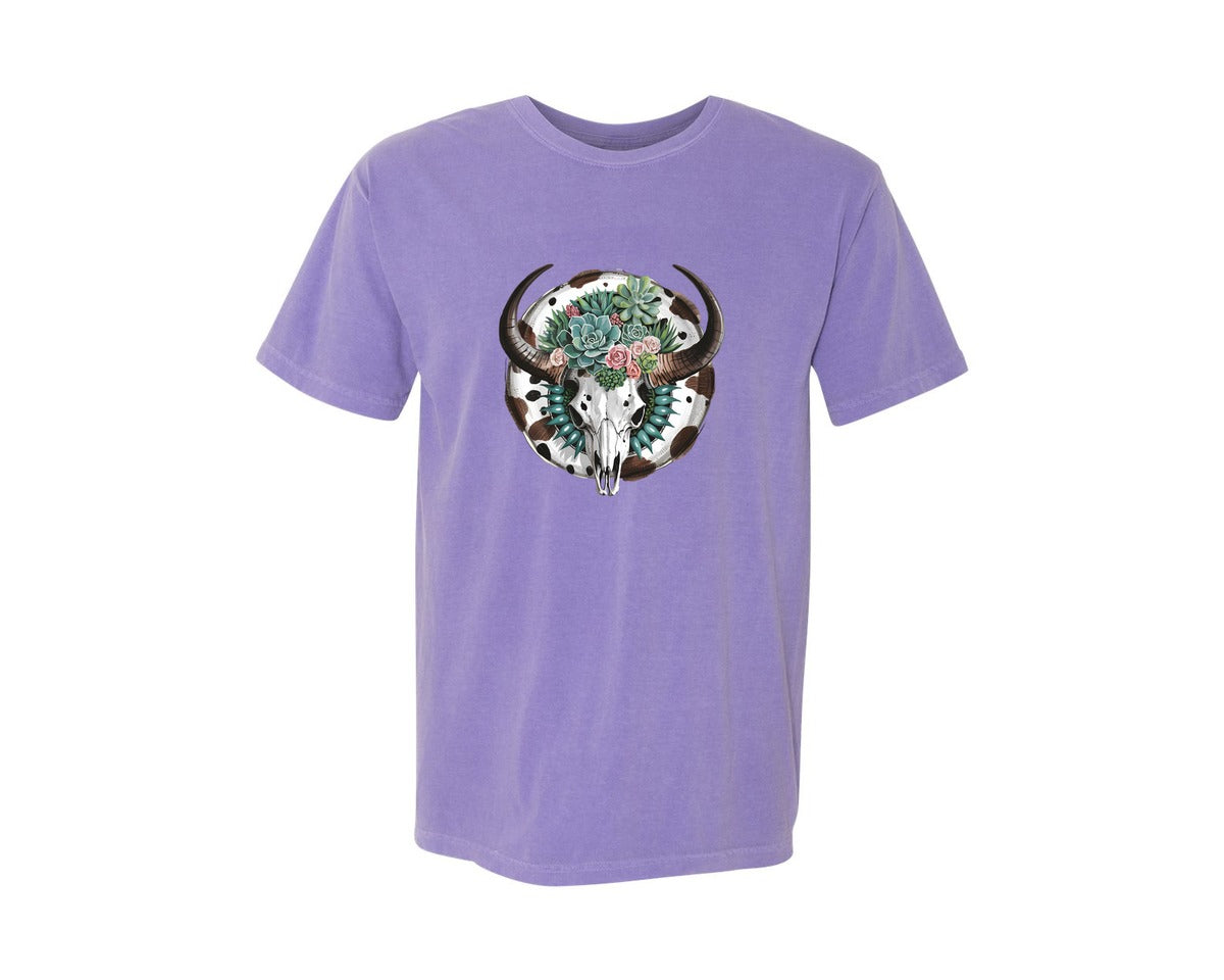 brand:Comfort Colors|color:Violet|Boho Cow Skull With Succulent 2 Graphic T-Shirt