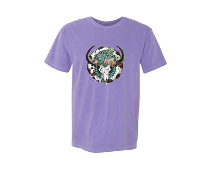 brand:Comfort Colors|color:Violet|Boho Cow Skull With Succulent 2 Graphic T-Shirt