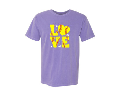 brand:Comfort Colors|color:Violet|Softball Love Valentine T Shirt Graphic T-Shirt