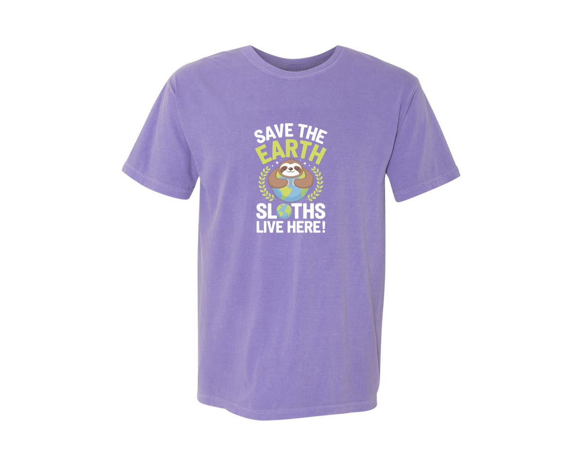 brand:Comfort Colors|color:Violet|Save Earth Sloth Lover Funny Earth Day Graphic T-Shirt